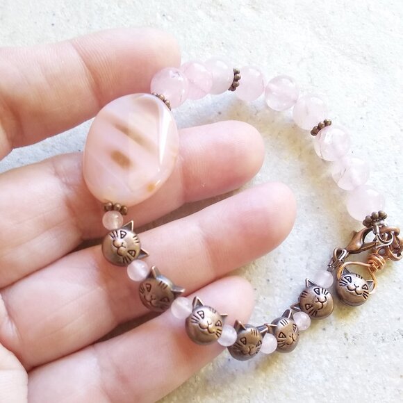 Pink Rose Quartz & Copper Cats Bracelet 7-8" Wrist - Cat Lovers & Cat Ladies - Picture 6 of 10